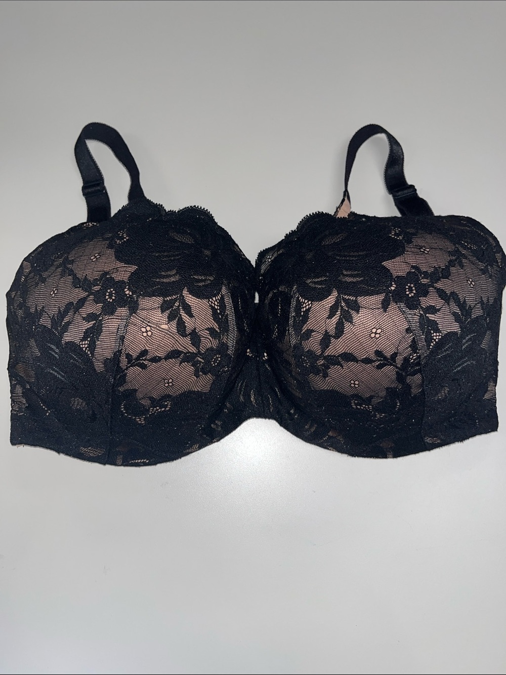 Supportive Black Lace Underwire Bra with Floral Overlay